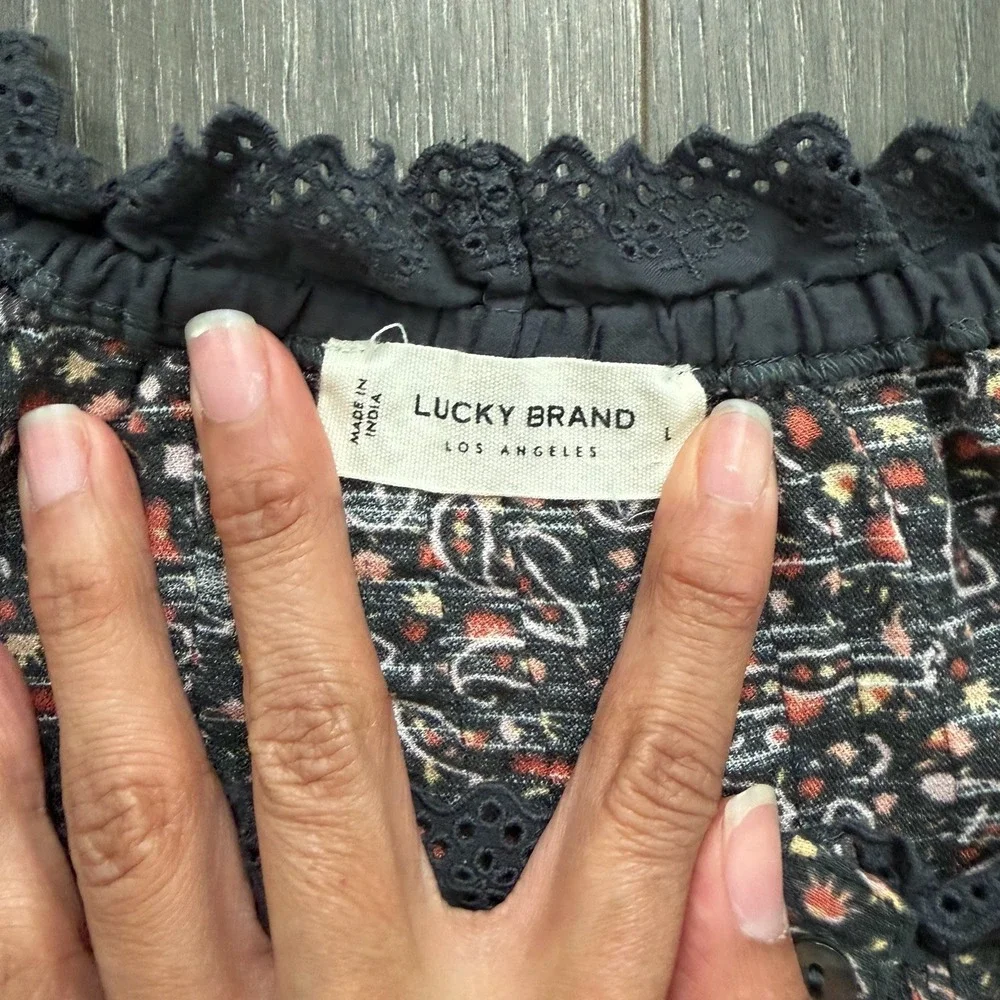 Lucky Brand NWT Cottage Goth L Boho Hippie Floral Front Button Eyelet Trim Top - Picture 5 of 10